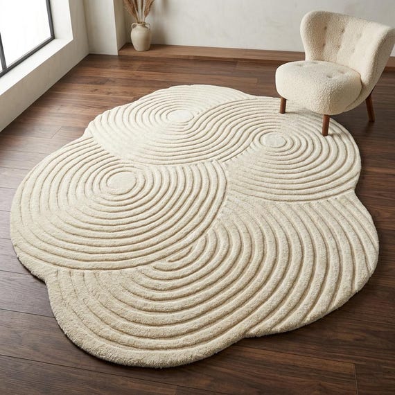 Hand Tufted Wool Rug | Organic Irregular Area Carpet | Modern Sculpted Ivory Rug | Minimalist Abstract Floor Decor