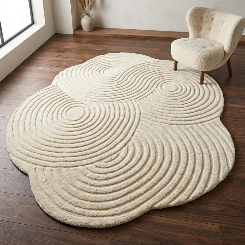Hand tufted wool rug in organic irregular shape with carved abstract ripple pattern in ivory for modern minimalist living room décor