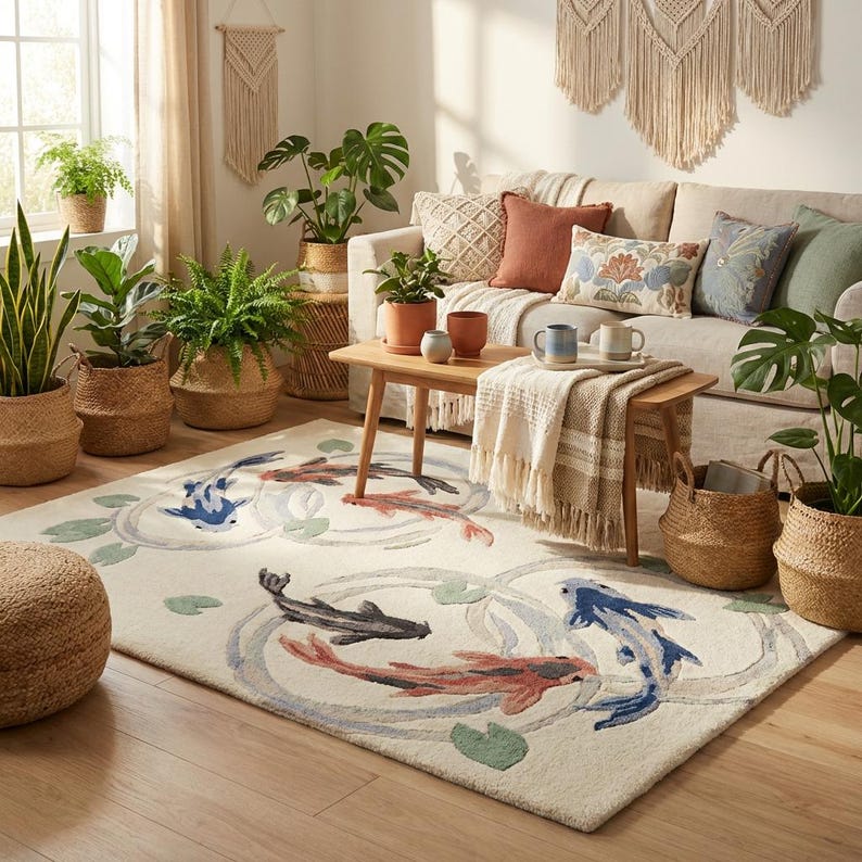 Close-up of plush hand tufted wool rug showing koi fish pond pattern and soft pile texture