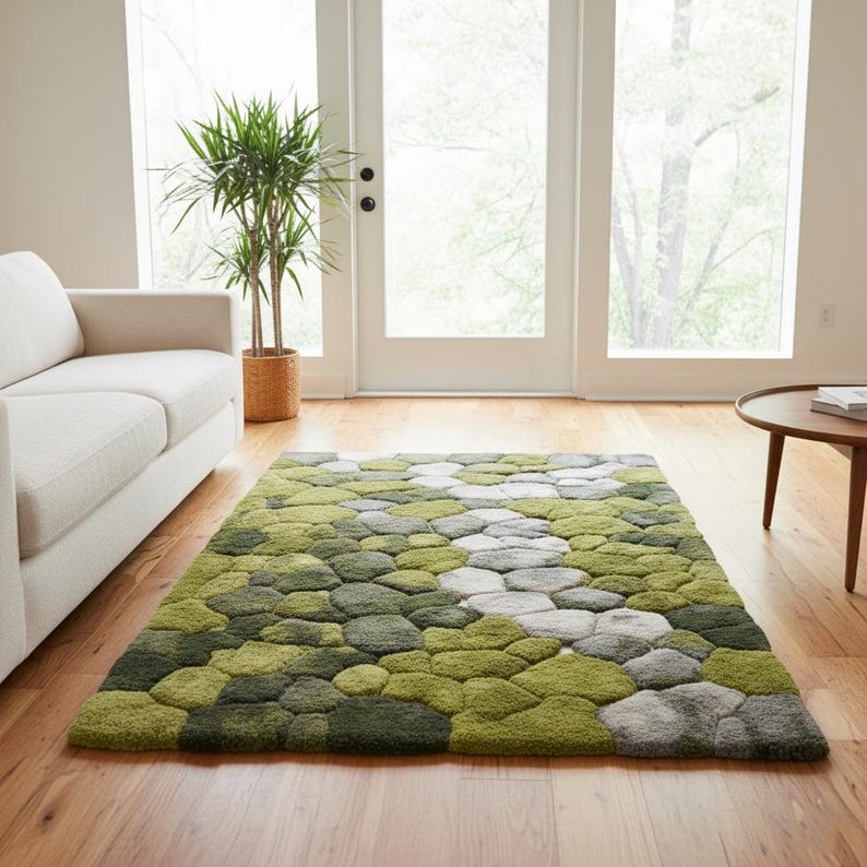 May include: A rectangular area rug with a pebble design in shades of green and gray. The rug is placed on a hardwood floor in a living room setting, with a white sofa and a potted plant visible in the background.