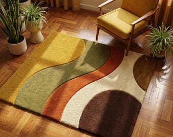 Mid Century Modern Wavy Area Rug – Earth Tones Abstract Carpet