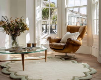 Scalloped Round Rug: Cream & Green Flower Edge, Modern Home Decor