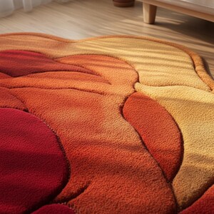 Close-up of floral rug showing layered red and orange petal design.
