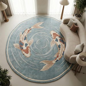 May include: A circular rug in light blue, depicting two koi carp in orange, white, and blue. The rug has a cream border and a design of concentric circles around the fish, simulating water. The rug is in a living room setting.
