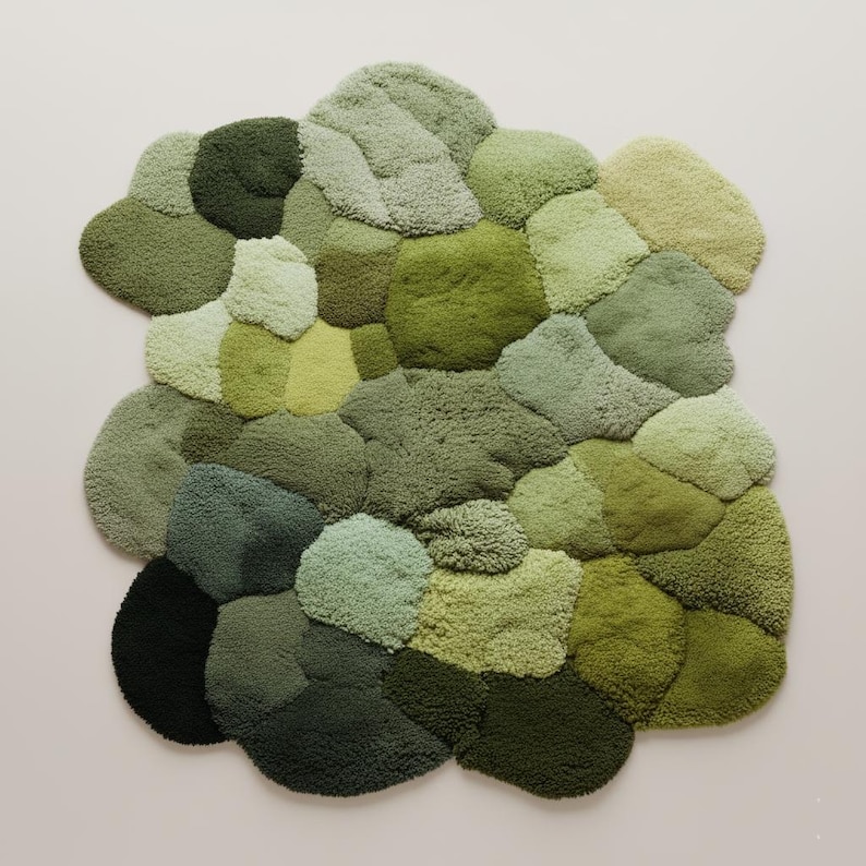 Overhead view of the unique, irregular shape of the green moss-inspired area rug.