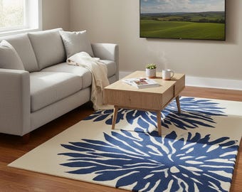 Navy Blue Abstract Floral Rug: Modern Botanical Burst Carpet