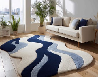 Navy & Cream Wavy Rug – Plush Abstract Coastal Accent