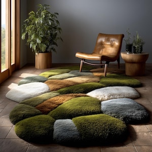 Hand Tufted Organic Moss Rug: Earth Tone Wool Floor Art