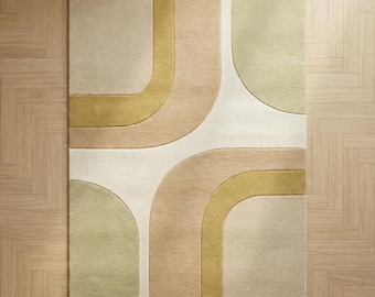 Mid Century Modern Abstract Rug, Retro Geometric Wool Area Rug, Neutral Curved Shape Scandinavian Living Room Carpet