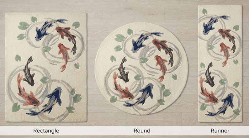 May include: Carpets in rectangle, round, and runner shapes, featuring a koi fish design. The fish are in shades of red, black, and blue, swimming in a water lily pond design. The carpets have a cream-colored background.