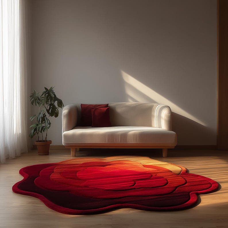 Plush rose rug with sculptural petals in warm gradient tones.