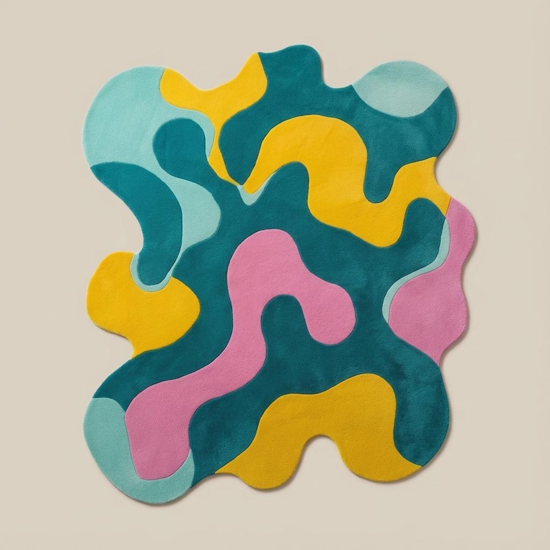 Artistic bright color modern area rug with fluid shapes on a pink floor for bold home styling.