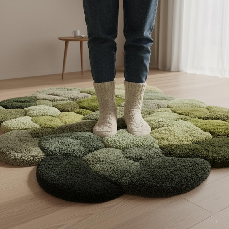 Op de afbeelding: Een groene, getufte vloerkleed met een organische vorm. Het vloerkleed heeft verschillende groentinten, waardoor een textuur ontstaat. Een persoon met witte sokken en een blauwe jeans staat op het vloerkleed.