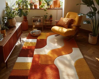 Mid Century Modern Terracotta Area Rug, 70s Wavy Geometric Tufted Carpet
