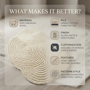 May include: An off-white wool rug featuring concentric swirl patterns. Text reads: WHAT MAKES IT BETTER? MATERIAL 100% PREMIUM WOOL, PILE DENSE CUT-PILE HAND-TUFTED, FINISH PLUSH, MATTE & STRUCTURED, CUSTOMIZATION AVAILABLE IN VARIOUS SIZES & SHAPES, FEATURES HAND-CARVED TEXTURE, DURABLE, PATTERN STYLE ZEN GARDEN-INSPIRED CONCENTRIC SWIRLS.