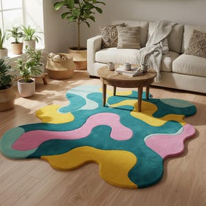 Unique wavy edge carpet under a mid-century yellow chair, ideal for living room or creative studio décor.