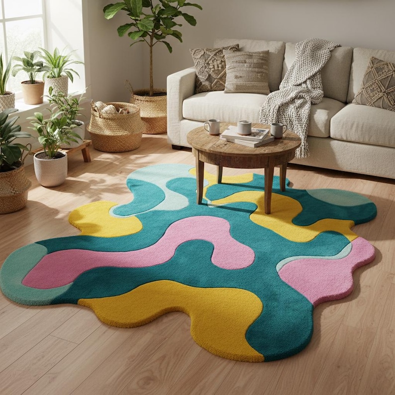 Unique wavy edge carpet under a mid-century yellow chair, ideal for living room or creative studio décor.