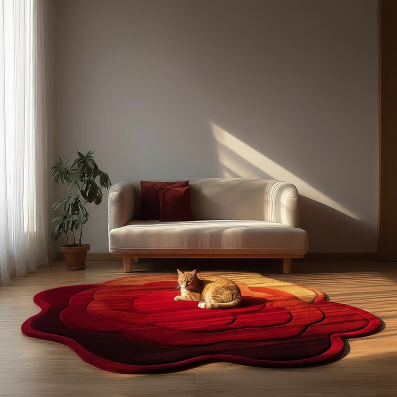 Unique flower-shaped area rug placed beneath a modern cream sofa.