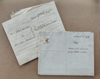 Coppia di manoscritti antichi del 1775-1788, testamento di successione di Windsor Eton. Atto di locazione di terreni su pergamena, per Thames St. Windsor. Eton College