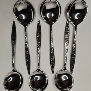 Viners Soup Spoons x 6. Solid Stainless Steel Japan. Mosaic Pattern. Unboxed New