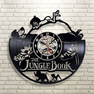Le livre de la jungle disque vinyle Grande horloge murale, illustration de dessin animé, décor de crèche de livre de jungle, Mowgli et Baloo, cadeau de vacances pour les enfants