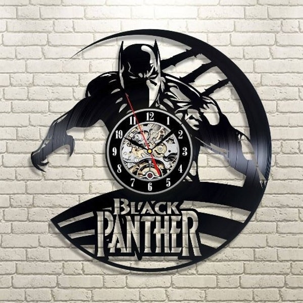 Black Panther Vinyl Record Handmade Wall Clock, Superhero Wall Art, Modern Teenager Room Decor, Wakanda Forever, Housewarming Gift For Men