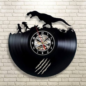 Jurassic Park Vinyl Record Black Clock, Xmas Gifts for Kids, Boy Nursery Decor , Dinosaur Wall Art, Laser Cut Wall Clock