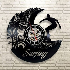Surfing Vinyl Record Black Wall Clock Sports Wall Art Modern Decor For Men Summer Love Surfing Artwork Bday Gift For Boyfriend