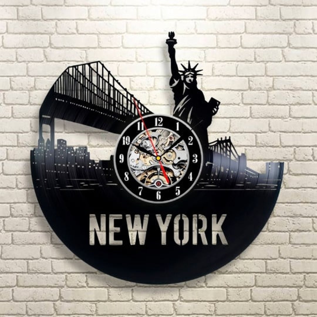 New York Vinyl Record Silent Clock, Statue of Liberty, Modern Wall