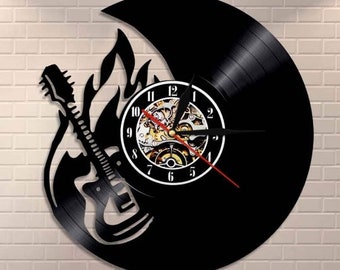 Electric Guitar Vinyl Record Large Wall Clock Music Teacher Gift Music Art For Office Minimalist Wall Decor For House Birthday Gift For Him