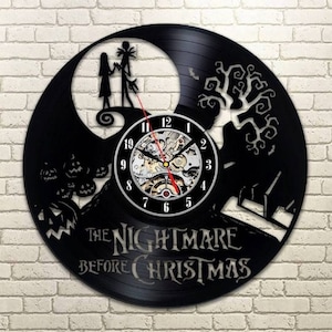 Nightmare Before Christamas Reloj de disco de vinilo, Arte de pared de película de terror, Decoración original para apartamento, Decoración de dibujos animados, Ideas de regalo de boda