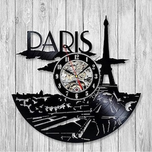 Paris Eiffel Tower Vinyl Record Large Wall Clock, Paris France Art, Traveler Gift Idea, Modern Bedroom Decor, Christmas Gifts for Wife