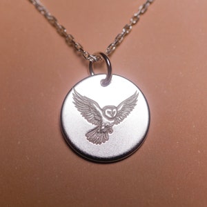 Owl Necklace, Personalized Minimalist Jewelry, Meaningful Gift, Barn Owl in Flight, Silver, 14k Gold Filled, Bird Jewelry