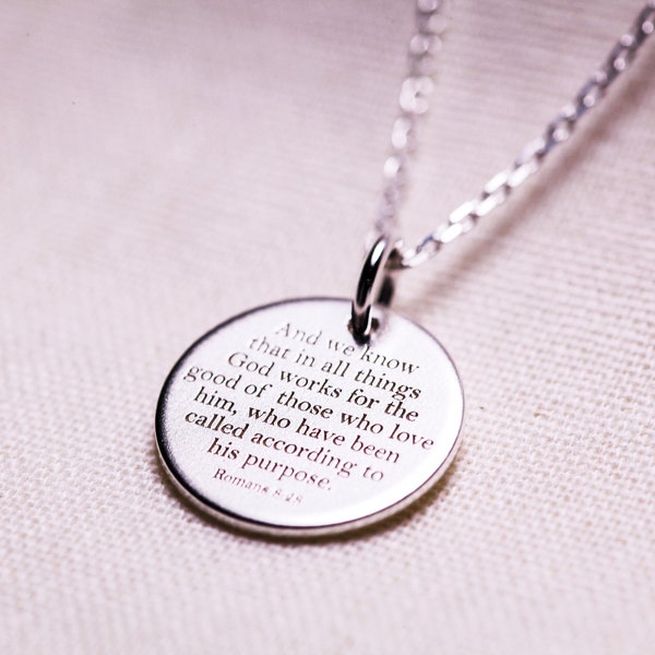 Romans 8:28 Bible Verse Necklace, Minimalist Pendant, Scripture Jewelry, Christian Jewelry, Meaningful Gift, for Friend, Personalised