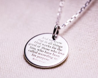Romans 8:28 Bible Verse Necklace, Minimalist Pendant, Scripture Jewelry, Christian Jewelry, Meaningful Gift, for Friend, Personalised