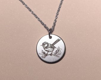 Wren Necklace, Personalized Minimalist Jewelry, Blue Wren, Fairywren, Meaningful Gift, Little Bird, Silver, 14k Gold Filled, Bird Jewelry