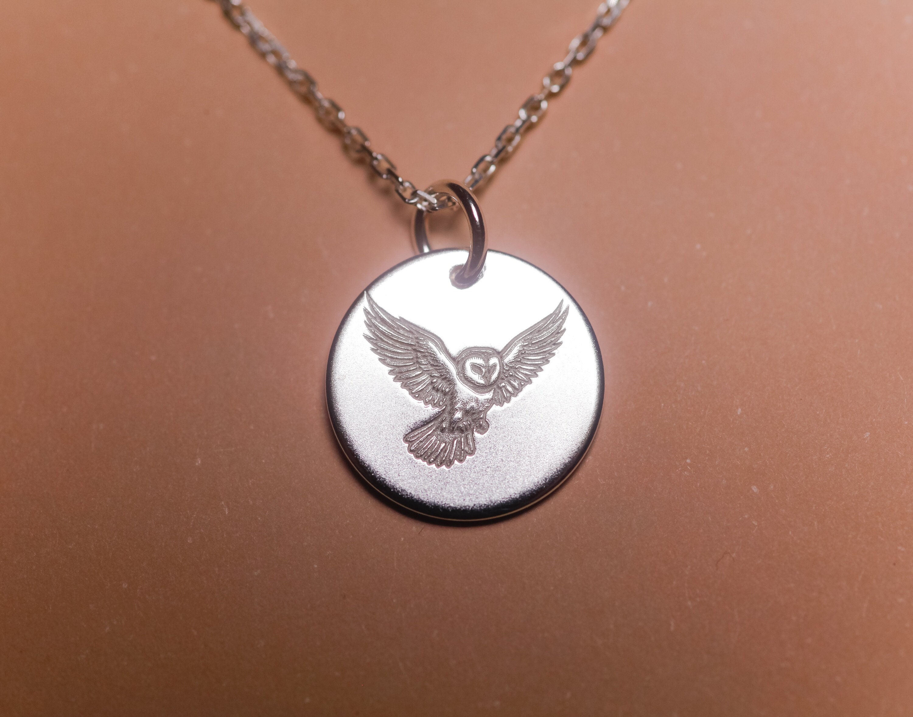 Owl Necklace, Personalized Minimalist Jewelry, Meaningful Gift, Barn Owl in Flight, Silver, 14k Gold