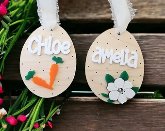 Easter SVG Laser Cut Files, Easter Basket Name Tag SVG File, Easter Egg Carrot Tag Svg File, Glowforge Easter Laser File, Floral Egg Tag Svg