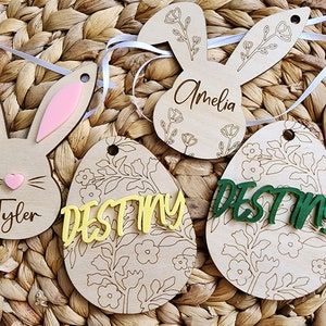 Fichiers SVG découpés au laser Pâques, panier de Pâques nom tag fichier SVG, oeuf de Pâques lapin tag fichier Svg, fichiers laser de Pâques Glowforge, oeuf floral tag Svg