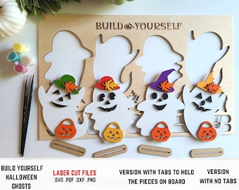 May include: Build your own Halloween ghost craft kit. The kit includes four white ghost shapes, four hats, four candy buckets, and a wooden base. The ghosts are ready to be painted and decorated.