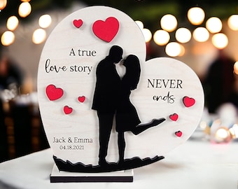 SVG Laser Cut File, Couple Silhouette Heart Sign SVG, Anniversary SVG, Layered Anniversary Shelf Sign File, Laser Valentines Day Cut File