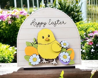 Instant digital download, Happy Easter chick with florals and eggs sign SVG file, Easter SVG, Easter Shelf Sign File, Laser Easter Cut File