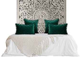 In Stock Mandala Handmade Bed Headboard Flower Carved Panels King Size Asia Hanging Wooden Furniture Unique Home Decor White Wash