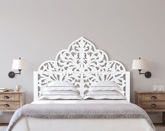 In Stock King Size Handmade Arabic Bed Head Wooden Plaque Carving With a White Costal Finish Bed Headboard Tropical Home Decor Bed Decor