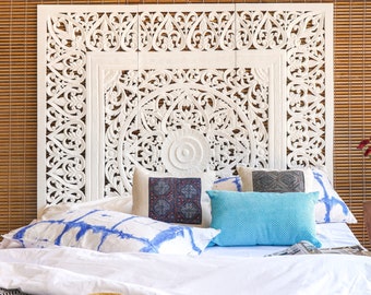 In Stock King Size Mandala Handmade Bed Headboard Flower Carved Panels Asia Hanging Wooden Furniture Weathered Beach Home Decor Bed Head