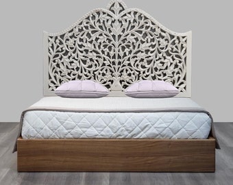 In Stock Luxury Bohemian Hand Carved Bed Headboard With a White Costal Finish Tropical Home Decor Bed Head