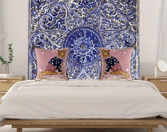 Auf Lager, Mandala, blau gewaschen, handgefertigtes Bett-Kopfteil, Blume, geschnitzt, orientalische Holzplatte, Asien, hängende Holzmöbel, verwitterte Strand-Wohnkultur