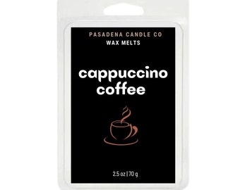 May include: A black wax melt package with white text that reads "PASADENA CANDLE CO WAX MELTS cappuccino coffee" and a brown coffee cup icon. The package is 2.5 oz or 170 g.