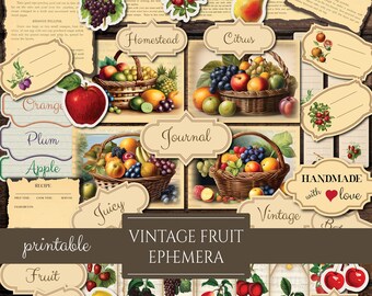 Vintage Fruit-ephemera | Afdrukbaar Ephemera-pakket | Fruitlabels | Receptkaarten | Kieskeurige bezuinigingen | Junkjournaalkit | Versieringen