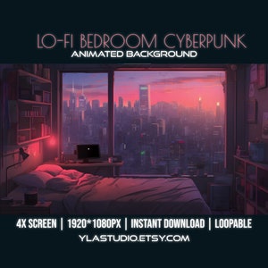 Cozy Lofi Bedroom Animated Stream Screen: Cyberpunk City View (Digital Download)